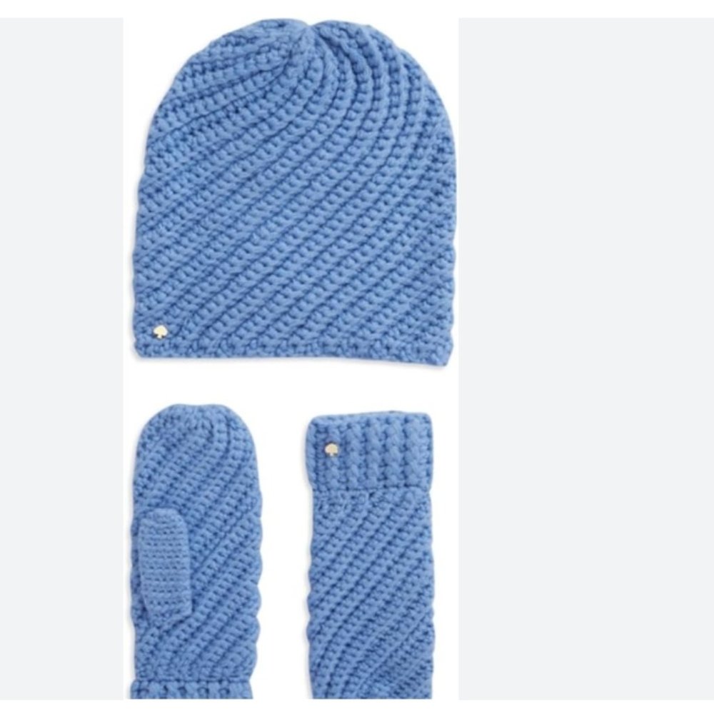 kate spade beanie hat and mittens gloves periwinkle blue box set nwt